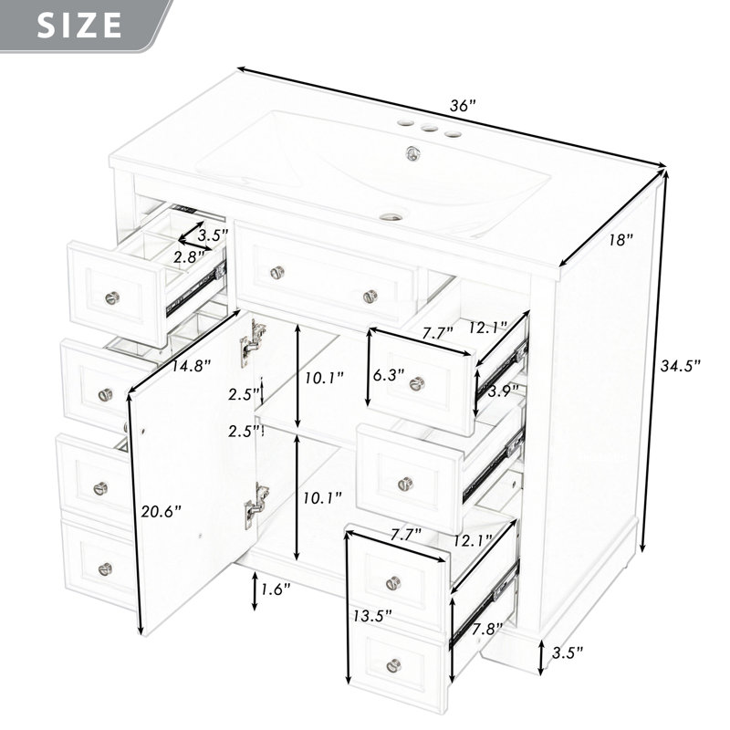 Ensemble de meuble-lavabo sur pied simple 36 po avec comptoir en céramique Kiryl, Blanc
