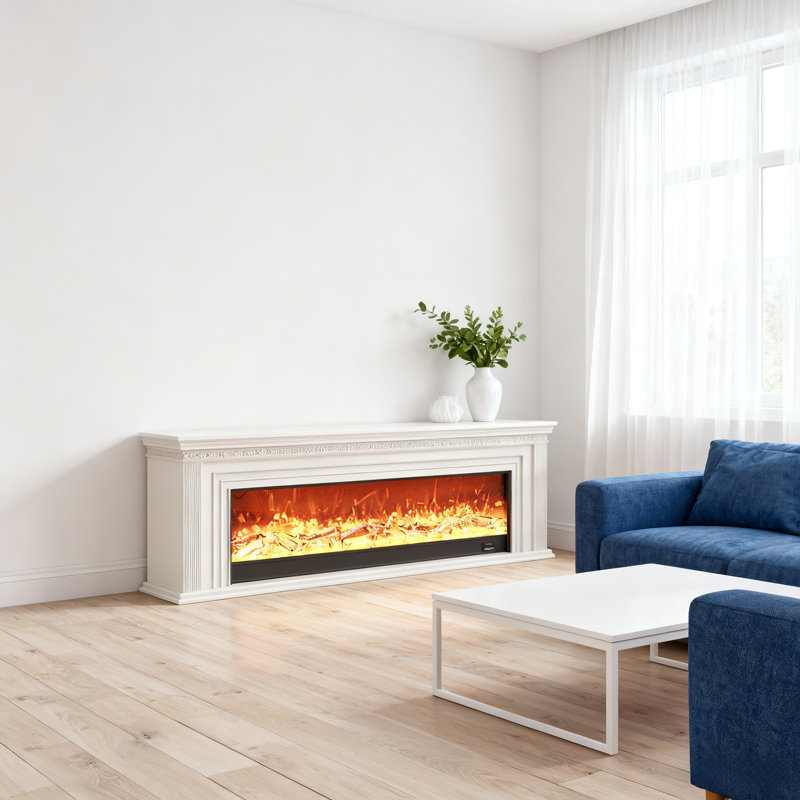 French Cream Retro Style Oak Fireplace Cabinet in White/Black, Villa Living Room Integrated Simulated Flame Heating TV Stand & Entryway Console