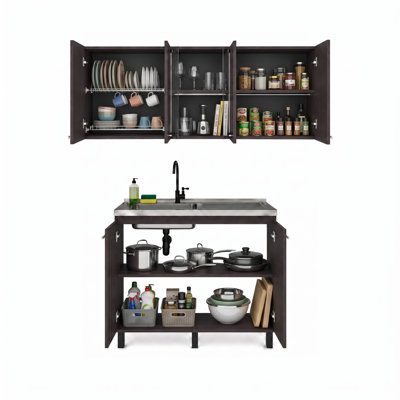 Ensemble de rangement utilitaire en bois fabriqué Alaska avec meuble sous-évier, armoires murales et rangement à porte vitrée – Wengé