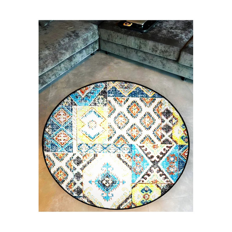 Blue Green Ethnic Patterned Woven Base Decorative Carpet, Round 4'