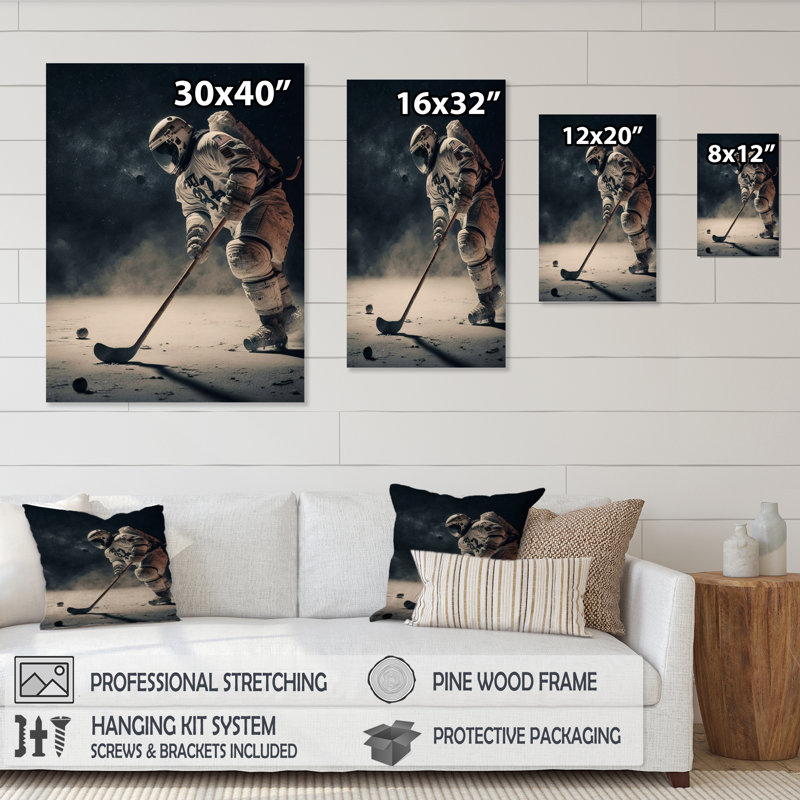Spaceman jouant au hockey - Impression sur toile, H 20 po x l 12 po x P 1 po, Toile tendue