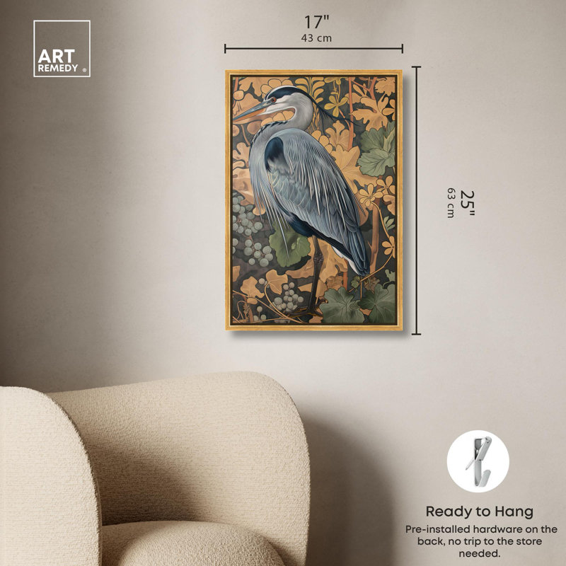 «Heron’s Blue Serenade», toile Maximalist par Art Remedy, H 25 po x l 17 po, Cadre flottant doré