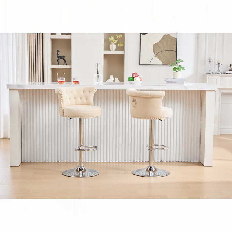 Tabourets de bar réglables pivotants en velours avec pieds en métal plaqué argent, Beige