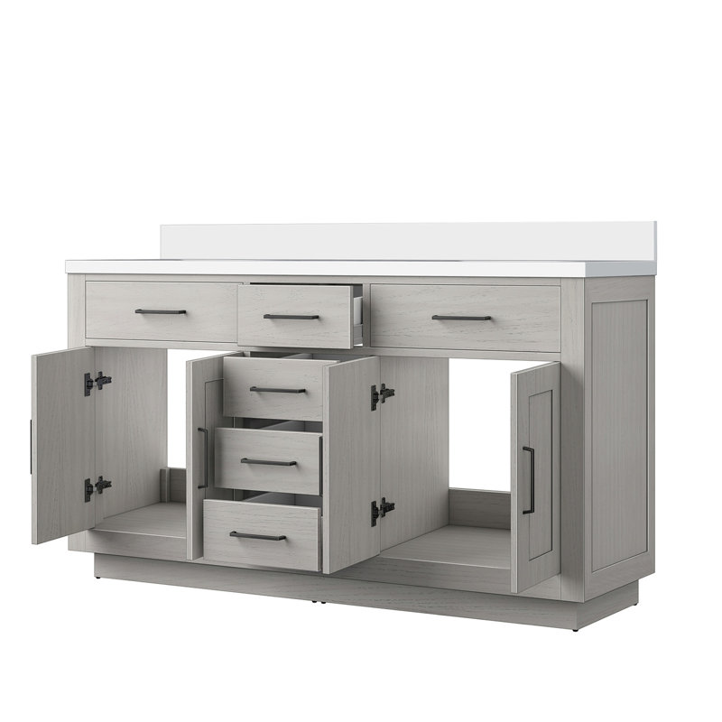 Meuble-lavabo double 60 po x P 60 po en chêne blanc avec cadre en bois massif à quartz, fermeture en douceur 22 comptoirs, rangement pour évier