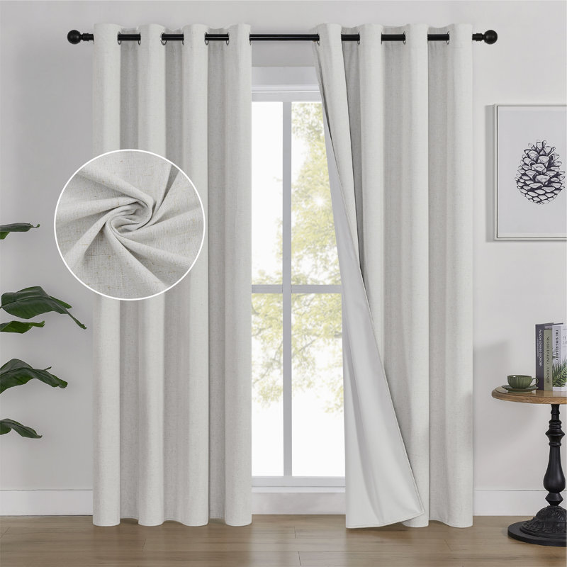 Leming 100% Waterproof and Blackout Solid Color Polyester Linen Textured Grommets Curtains Panel(Set of 2), Ivory
