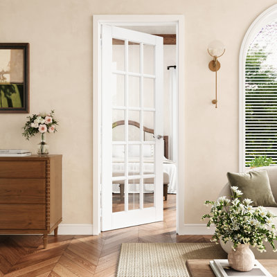 36" X 80" 15-Lite Clear Glass Interior Prehung Door With Silver Hinges, Clear Glass Door Slab With Frame, Interior Door As Pantry Door, Bedroom Door, Laundry Door, Closet Doors, Room Doors, Left Hand