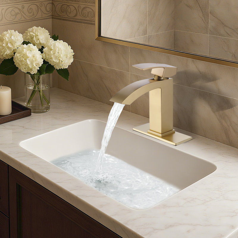 Robinet de lavabo de salle de bain moderne à un trou à poignée simple avec drain optionnel, Or brossé, Sans bonde