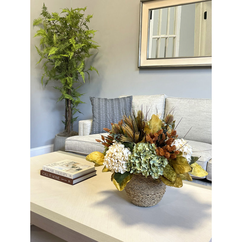 Fall Arrangement with Hydrangeas, Mini Pinecones and Thistle
