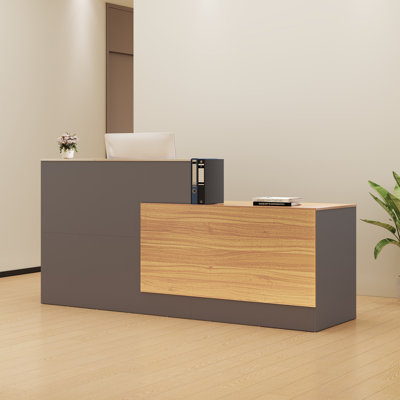 Bureau de réception moderne en forme de L avec classeur verrouillable et plateau à clavier - Comptoir de réception en bois de 86,6 po de largeur pour le bureau, le hall d'hôtel et le restaurant, à droite