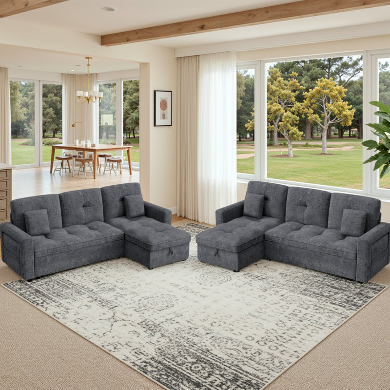 Ensemble de salon 2 pièces, canapé modulaire avec dossier réglable, Chenille gris