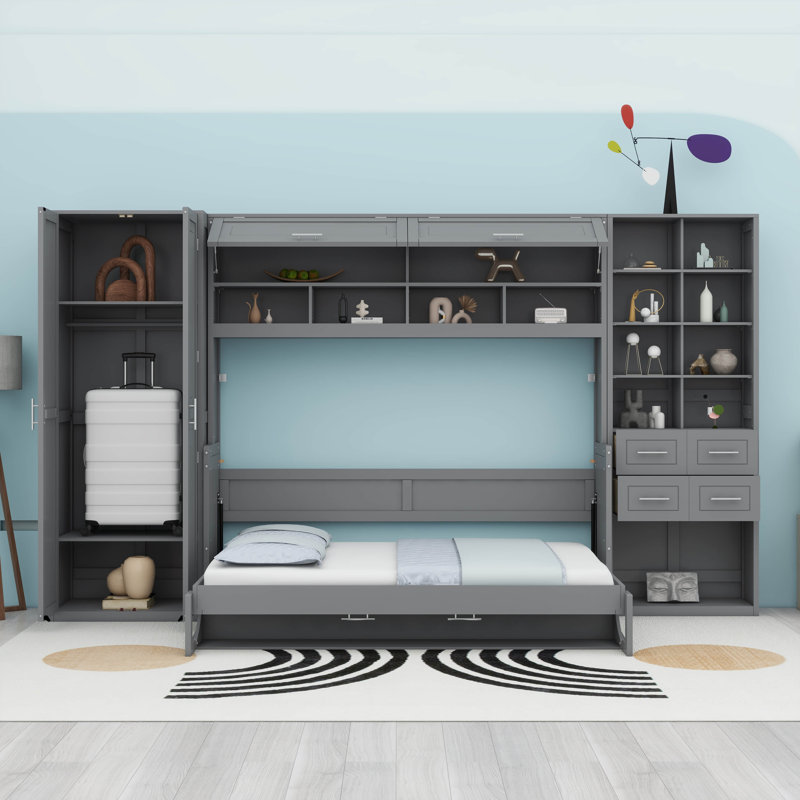 Grand lit escamotable, lit escamotable en bois avec placard, tiroirs et tablettes, gris