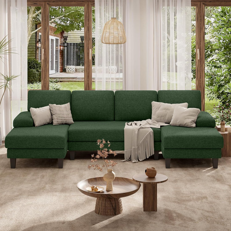 110" U-Shape Sectional Sofa With Armrests, Wood-Seat, Metal Frame & Upholstery, Modern Comfy Design For Living Room Or Family Lounge