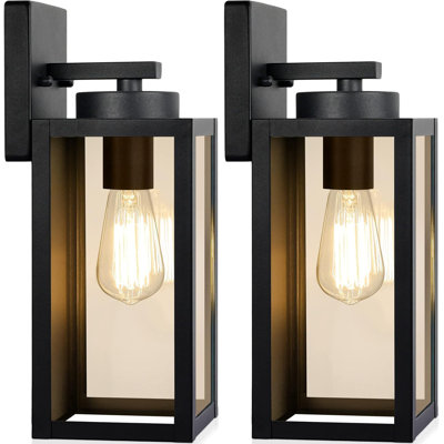 Luminaires muraux d'extérieur, lanternes murales extérieures imperméables, appliques de véranda avec douilles E26 et abat-jour en verre, lumières extérieures noires mates modernes pour le garage d'entrée de la porte d'entrée du patio, paquet de 2