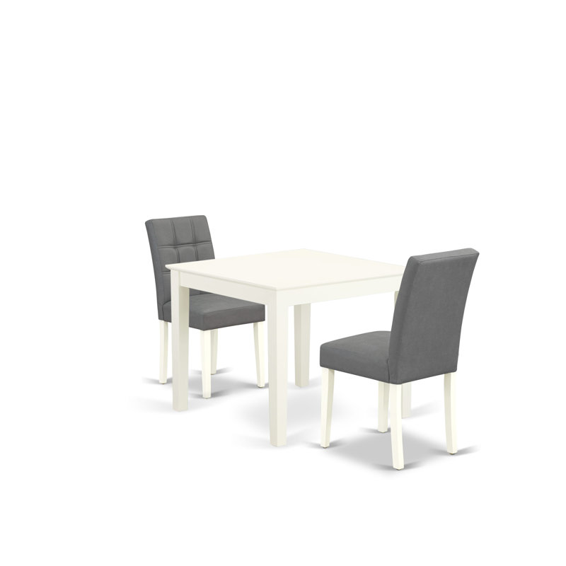 3 Piece Dinner Table Set consists A Dining Kitchen Table and 2 Platinum Grey Polyester Fabric Wood Chairs with Stylish Back- Linen White Finish