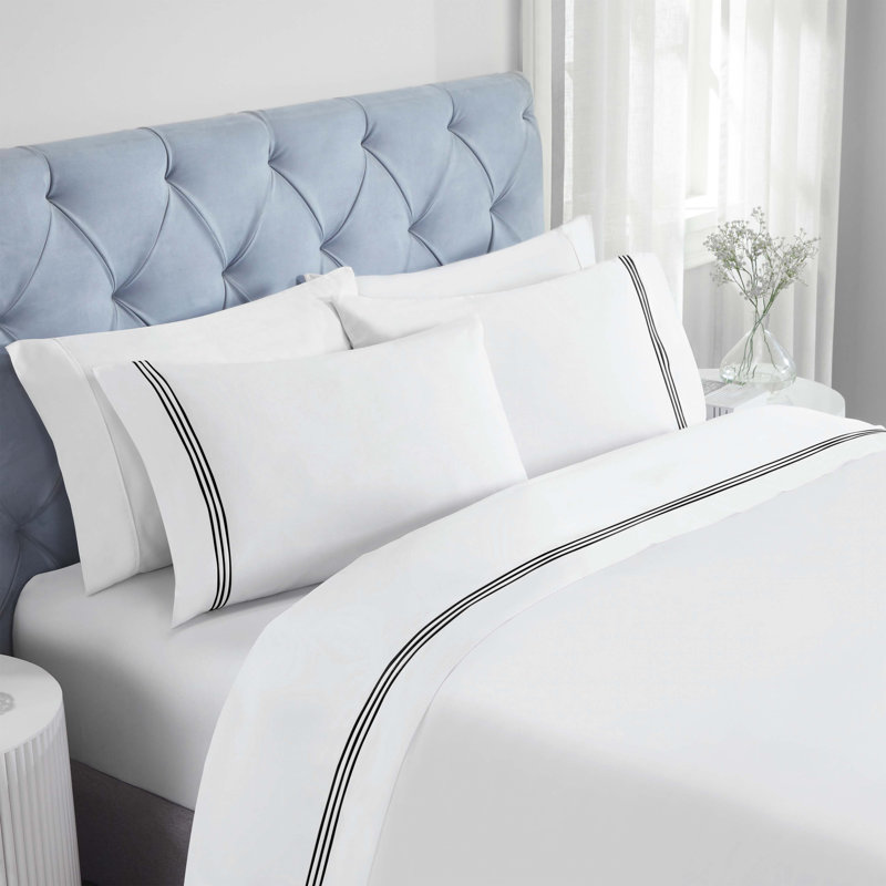 Brandon Cotton Three-Line Embroidered Deep Pocket Bed Sheet Set by Superior, White/Black, King Sheet Set with 2 Pillowcases