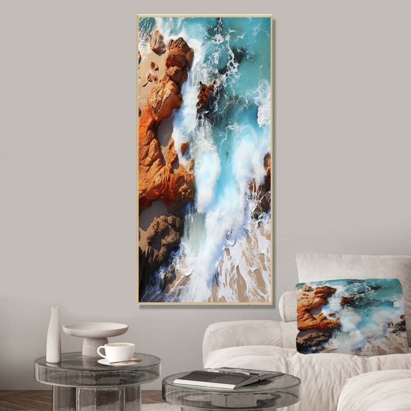 Vue aérienne de Blue Rocky Beach II - plage, art mural, Cadre flottant brun, H 60 po x l 28 po x P 1,5 po