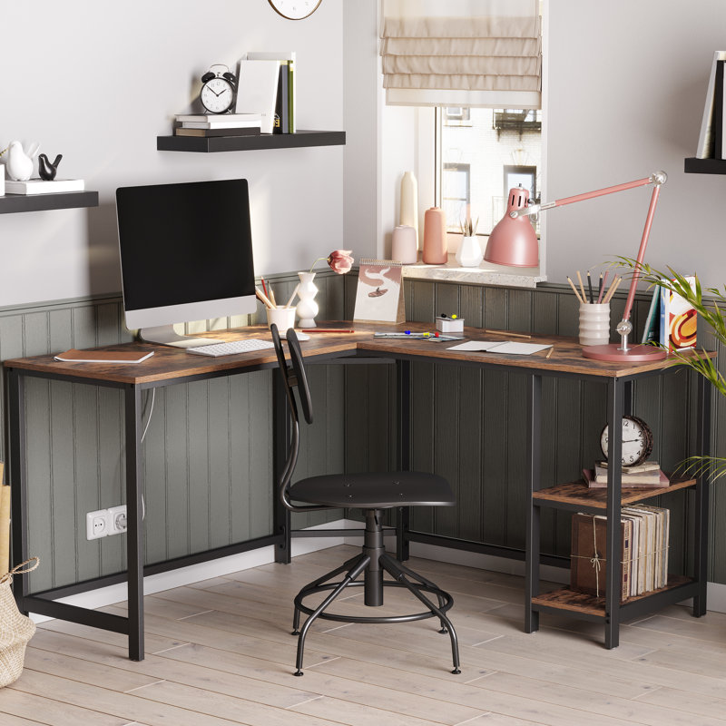 Enprise 54.3'' L-Shaped Metal Base Writing Desk, Rustic Brown