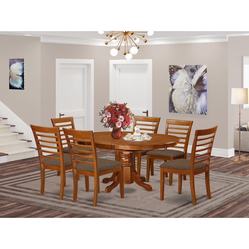 7 Piece Kitchen Table & Chairs Set Consist of an Oval Dining Table with Butterfly Leaf and 6 Linen Fabric Dining Room Chairs, 42x60 Inch, Saddle Brown