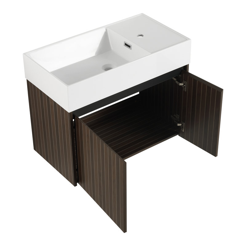 Meuble-lavabo mural moderne avec lavabo en résine pour petits espaces, 30", Argent / rayure brune