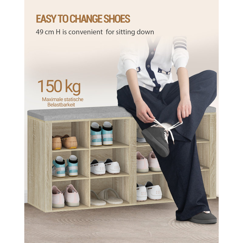 Shoe Storage Bench with Padded Seat, Shoe Rack Bench with 12 Open Compartments, Adjustable Shelves, Shoes Cabinet with Cushion for Hallway, Living Room, Bedroom, Entryway 