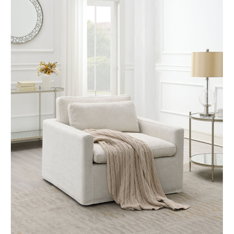 Fauteuil d'appoint pivotant avec 1 coussin décoratif Pradyoth, Ivoire ivoire