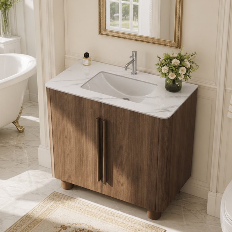 Ensemble de meuble-lavabo simple en bois massif 36 po avec plateau en pierre frittée et deux tiroirs 36 po