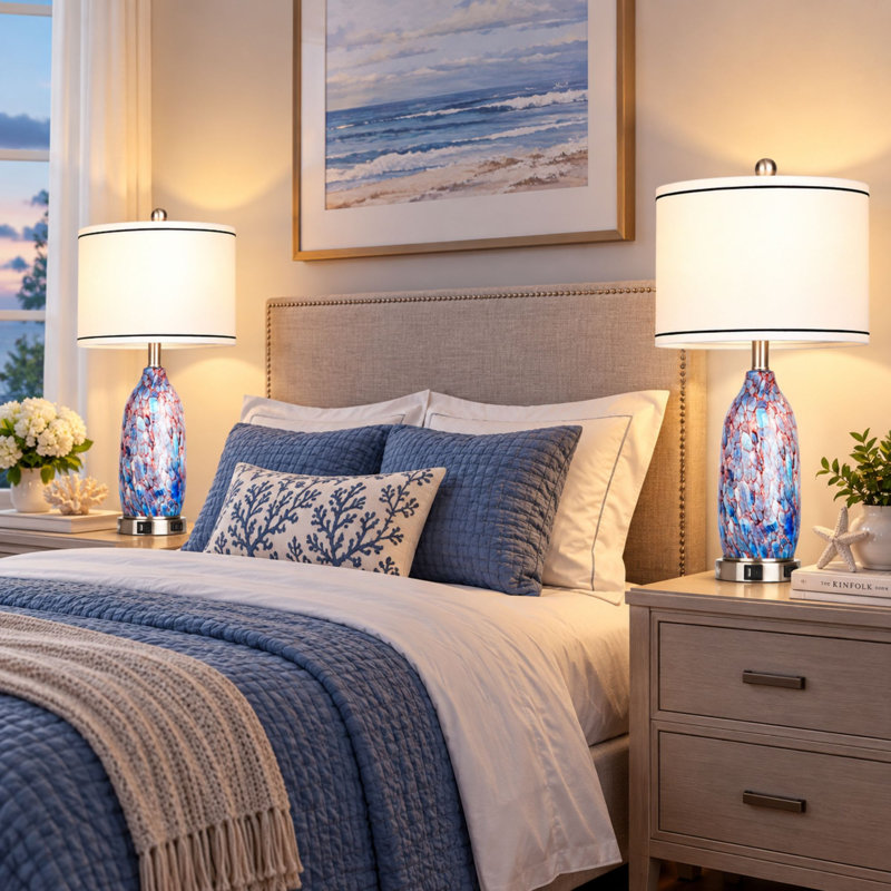 Ensemble de lampes de table en verre 25 po Coastal Art avec prise USB-C et CA, veilleuse intégrée, ampoules DEL incluses