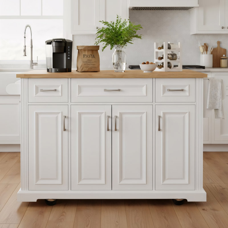 54" Large Traditional Kitchen Island With Rubber Wood Drop Leaf, 4 Doors And 3 Drawers, White