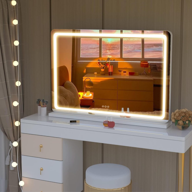 Miroir de maquillage lumineux 31,5 "x 22" à DEL avec 3 modes de couleur, miroir à commande tactile à intensité variable, fixation murale ou de table, noir rond