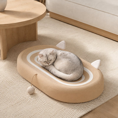 Oval Sisal Cat Scratching Bed – 23.6" & 24.4" Deep Bowl Scratcher with Hanging Toy, Ergonomic Curved Design, Durable No-Shedding Surface for Indoor Cats (Nature)