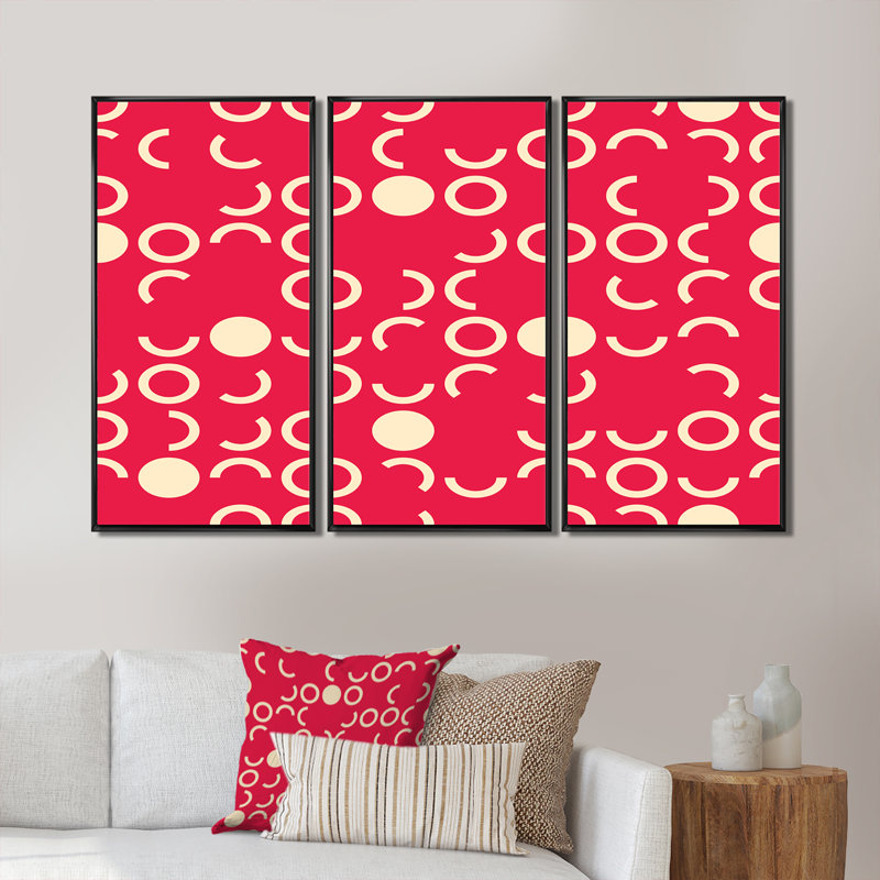 «Retro Circles On Red», ensemble de 3 reproductions d'art encadrées sur toile, H 20 po x l 36 po x P 1 po, Noir