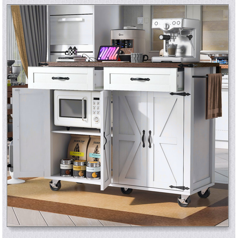 53.5 Inch Farmhouse Kitchen Island with Power Outlet, Spacious Storage, Drop Leaf, and Rolling Wheels for Versatile Use in Home Kitchens
