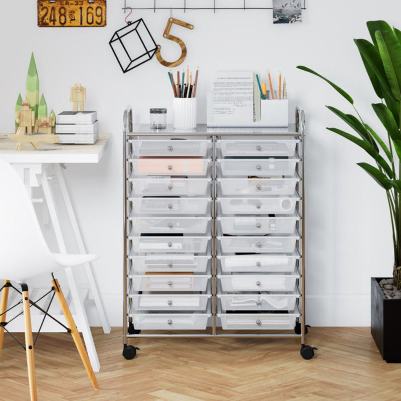 Clear 20-Drawer Rolling Organizer Cart with Chrome Frame