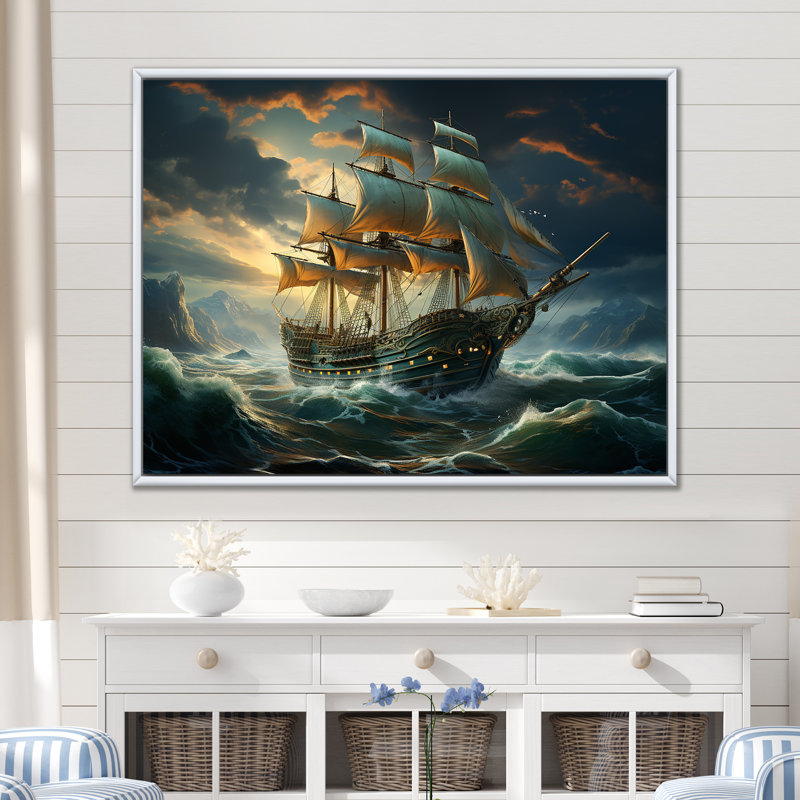 «Pirate Ship Legacy I», art mural pirate, Cadre flottant blanc, H 12 po x l 20 po x P 1 po