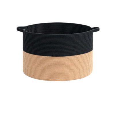 Panier à couvertures en corde de coton tissé noir et brun clair