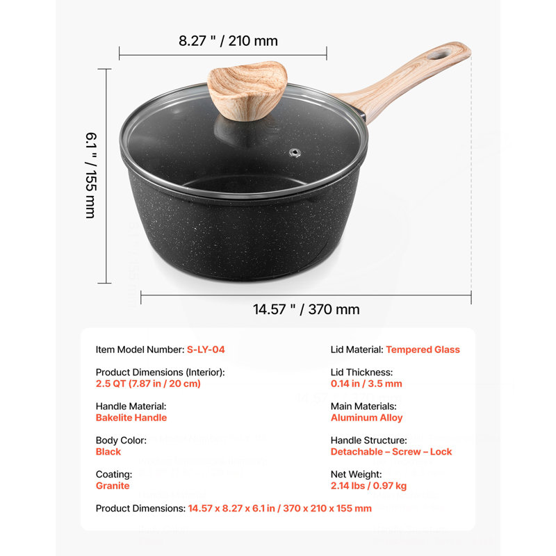 Casserole de 2,5 pte, casserole antiadhésive avec couvercle en verre trempé, casserole de cuisson polyvalente avec poignée détachable, petite casserole de cuisine avec revêtement, compatible avec l'induction, noir