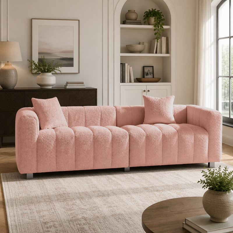 Canapé 3 places en velours haut de gamme de 83,46 pouces, canapé moderne à coussins en mousse avec pieds en métal et 2 coussins pour salon ou chambre.