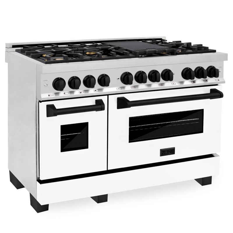 ZLINE Autograph 48" Legacy Dual Fuel Range w/ 7 Burners, Matte Black Stainless Steel with White Matte