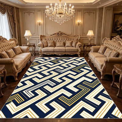 Tapis à motif de labyrinthe bleu marine et bleu marine pour le salon, doux et confortable, convient à toutes les saisons, facile à entretenir, tapis de sol intérieur lavable à la machine, ferme sous la table adaptée pour la chambre à coucher, la salle à manger, le bureau, le patio, le balcon, la décoration intérieure