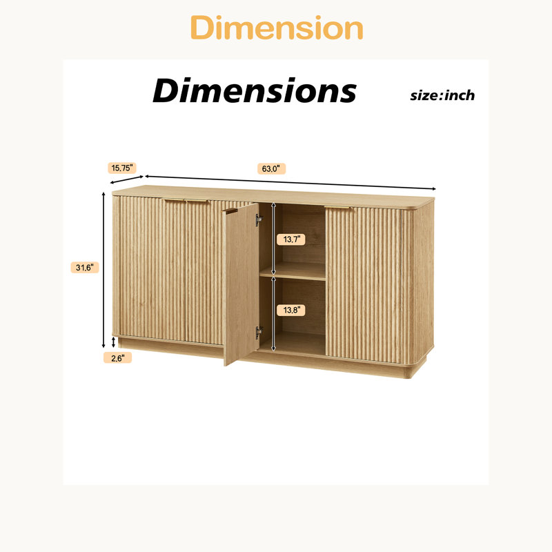 63" Vertical Stripe Buffet Cabinet Sideboard With Stoarge, Curved Wave Design, TV Stand, For Bedroom, Oak