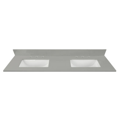 Dessus de meuble-lavabo 61 po en quartz gris terre avec double lavabo et dosseret blanc