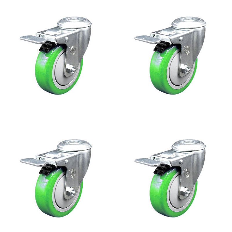 Ensemble de roulettes 4 trous en polyuréthane vert avec trou de boulon pivotant et frein total SCC