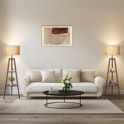 Acklins 61" Dimmable Tripod Floor Lamp Rattan Linen Dual Lampshades, Remote-Bulbs