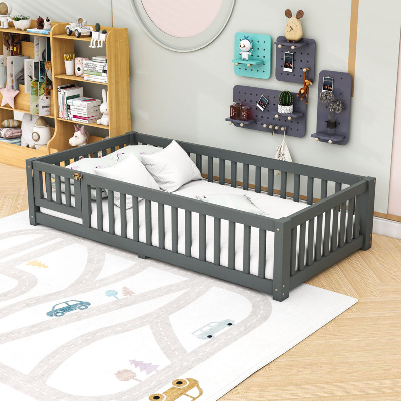 Wooden Bed With Slats And Safety Guardrails, Gray, Twin