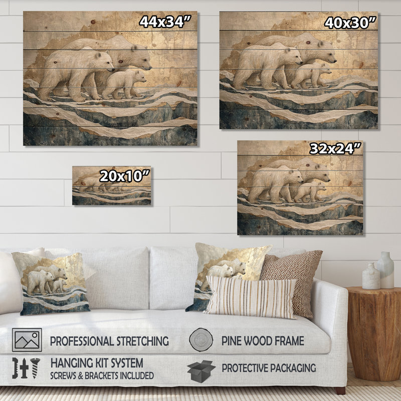 Ours sur un glacier dans un paysage de Norvège III - Art mural en bois d'ours - sur bois de pin naturel