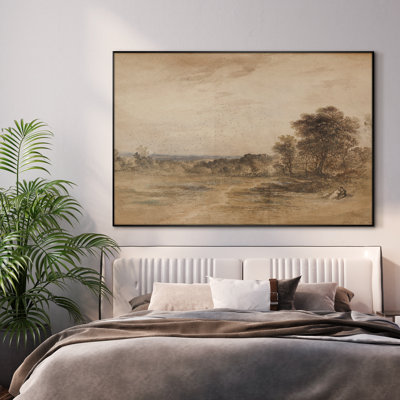 Très grand art mural imprimé sur toile - Paysage de campagne rétro avec des arbres éloignés et des champs tranquilles, décoration pour le salon ou la chambre à coucher