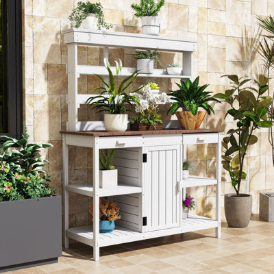 Spacious Fir Wood Outdoor Potting Bench Table with Storage Shelves, Drawers and Cabinet