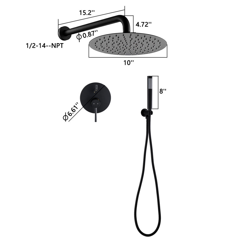 Pomme de douche noire matte 10 po: pluie et à main, laiton pour une agréable baignade, Noir mat