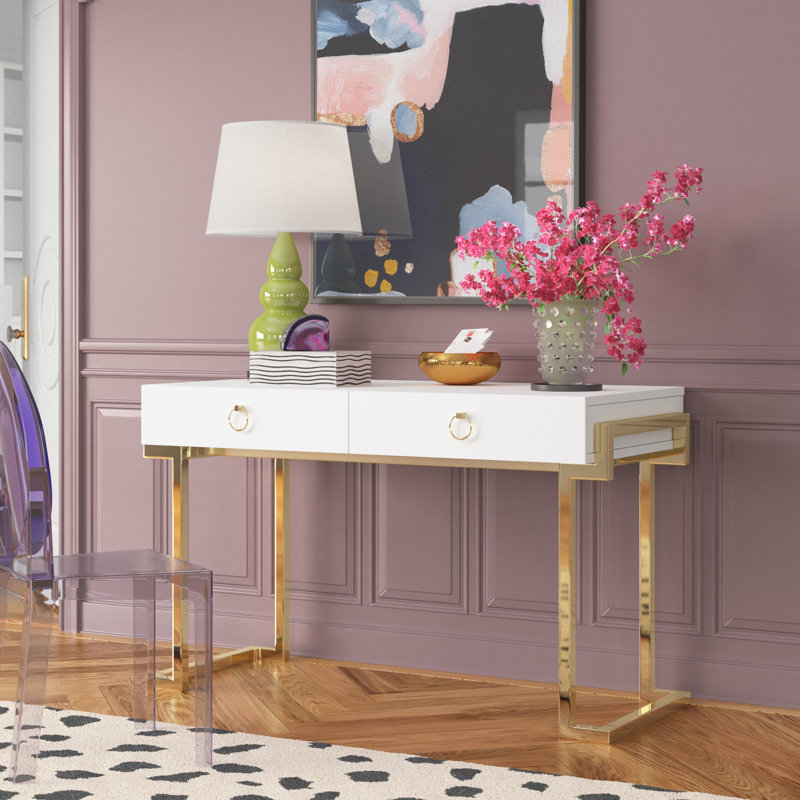 Pangea Home Julia Modern Contemporary Glam Office Desk – 2 Drawers - High Gloss Lacquer with Steel Legs, White/Gold