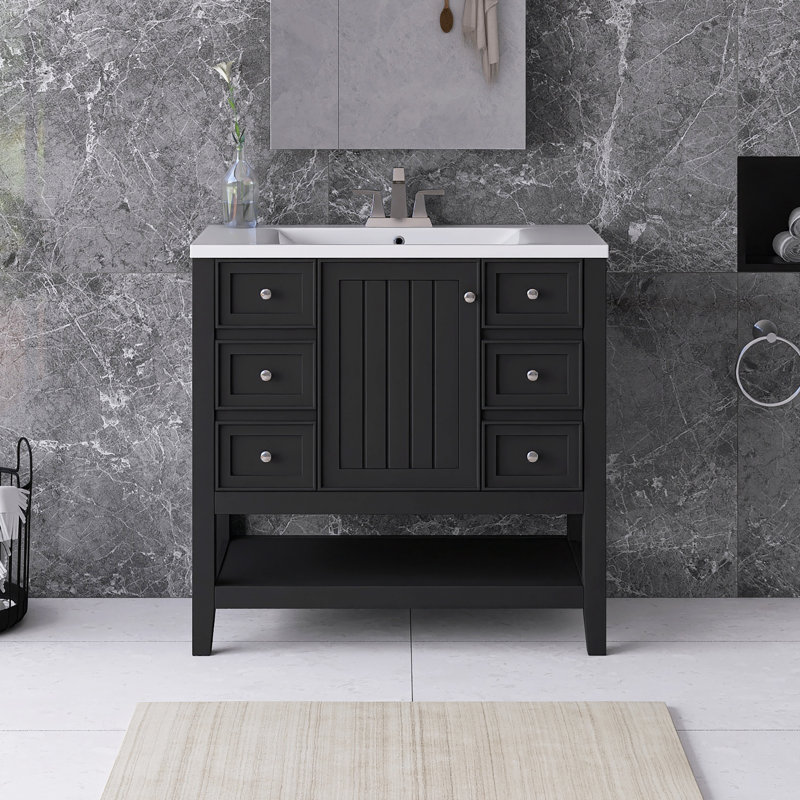 36'' Freestanding Single Sink Bathroom Vanity with Ceramic Top, Black